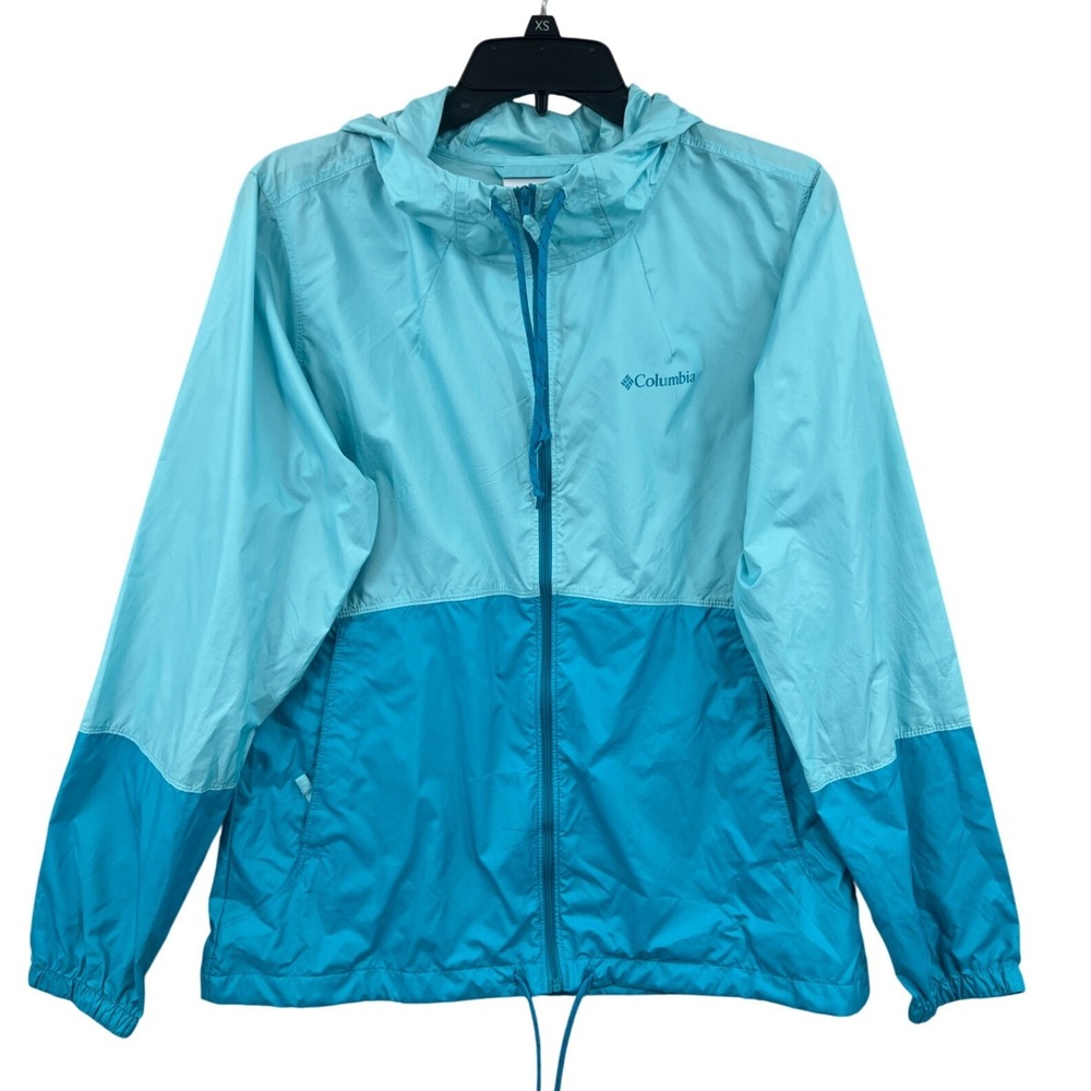 Columbia Windbreaker Size M Teal Blue Colorblock Hooded Full Zip Jacket Coastal